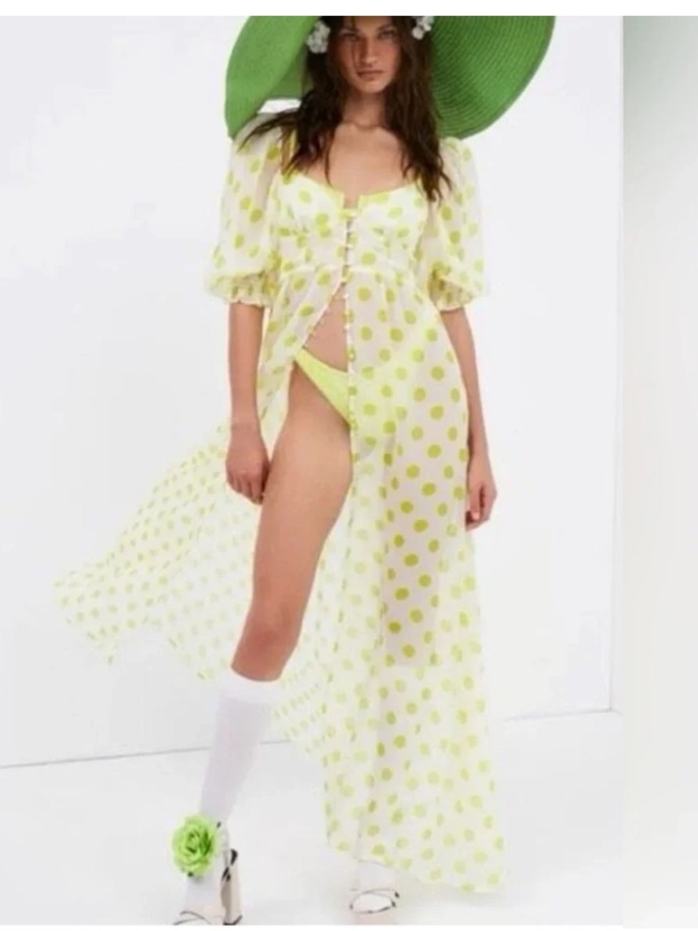 For Love & Lemons Lime Polka Dot Sheer Maxi Dress - Picture 2 of 12